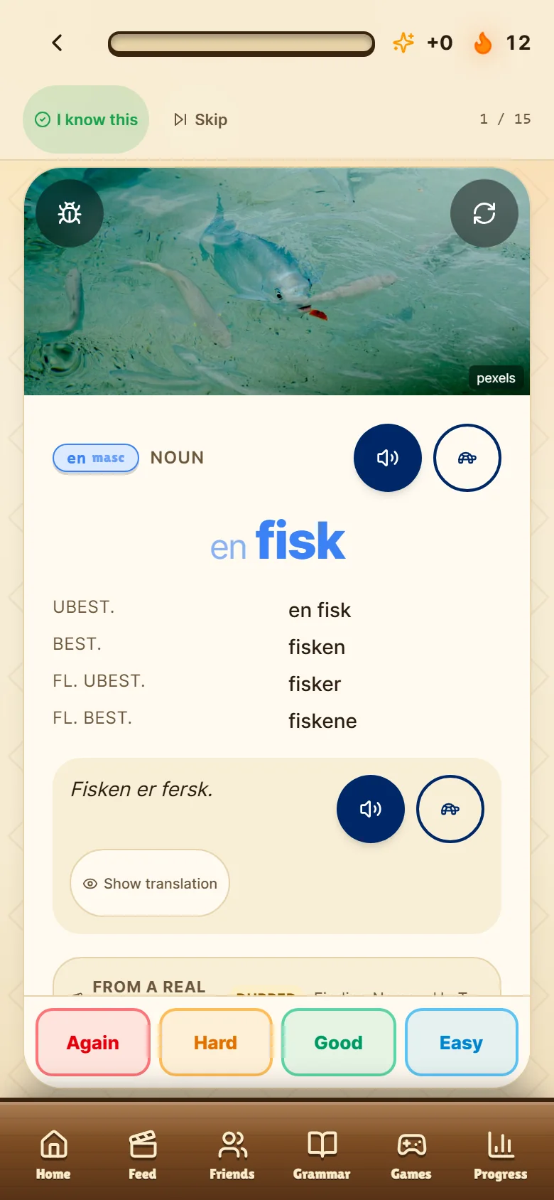 A flashcard for en fisk with its gender, all four forms, an example sentence and the Again, Hard, Good and Easy buttons