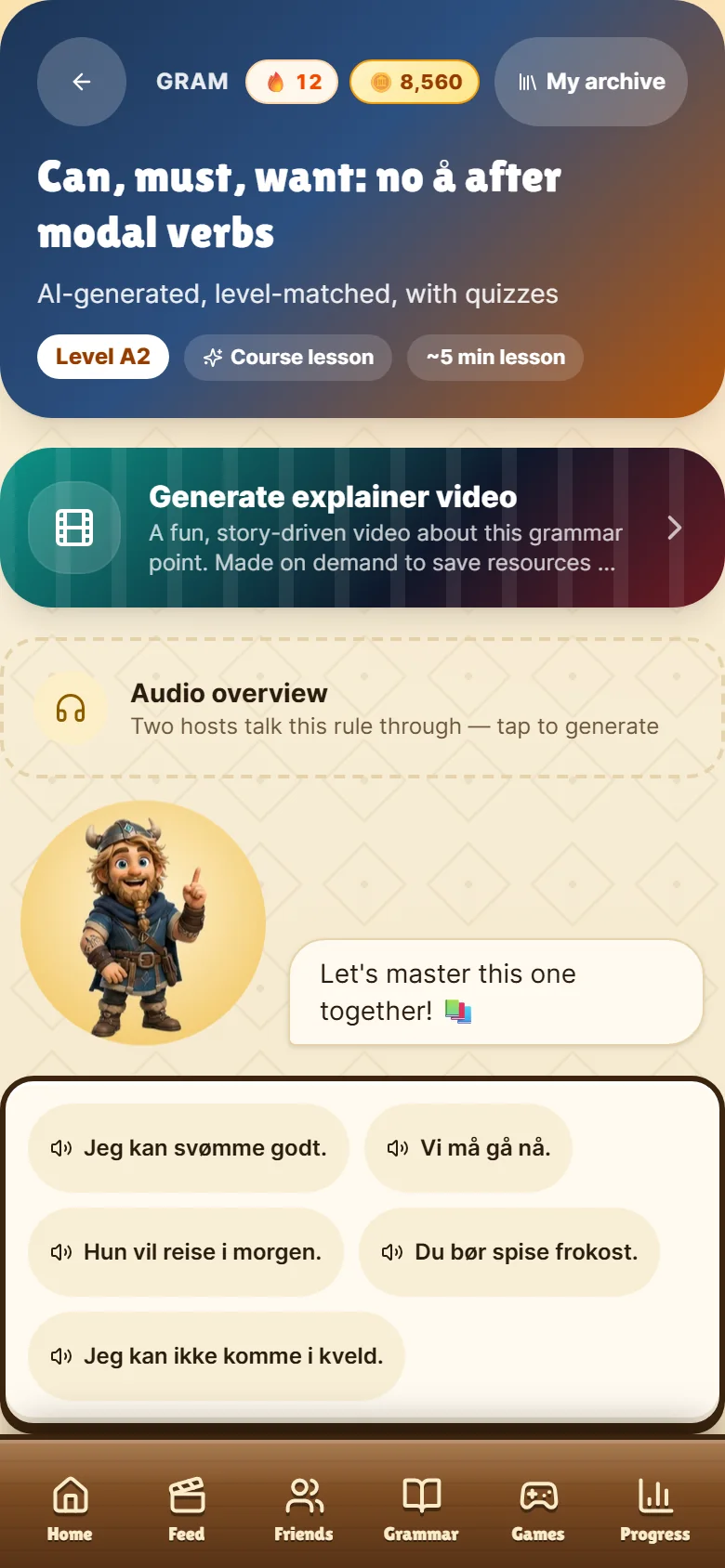 A grammar lesson about modal verbs with Erik the Viking teacher and example sentences to listen to